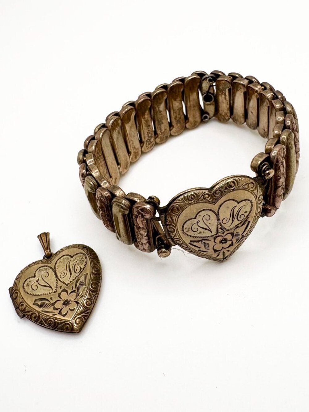Vintage Lustern Heart Locket Bracelet & Pendant Set Gold Filled Sterling 1940s